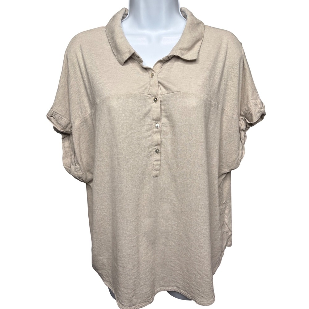 LUCKY BRAND Womens Beige Henley Cuffed Sleeve Top Sz XL Boho Earthy Lagenlook